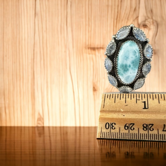 Larimar & Moonstones Ring in Solid Sterling Silver - Picture 3 of 9